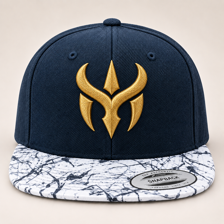 🌊✨ Marble Sovereign – Crimson Horn Crest · Gold 3D puff · Navy Crown &amp; Marble Brim Snapback | Hand Finished in Dubai | EmbroMania