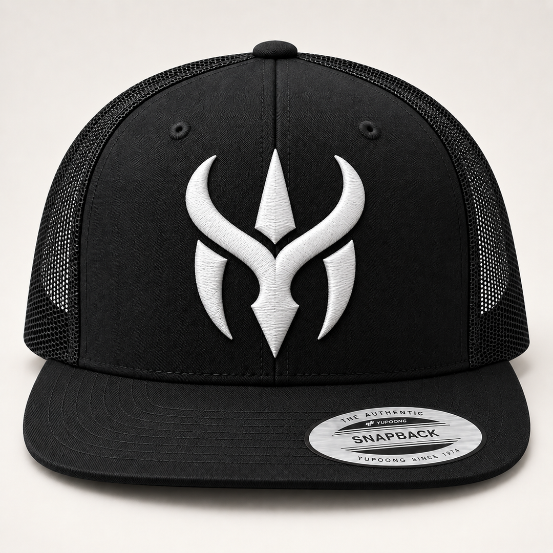 🖤⚡ Midnight Horn – Crimson Horn Crest · White 3D puff · Black Flat Trucker YP Classics | Hand Finished in Dubai | EmbroMania