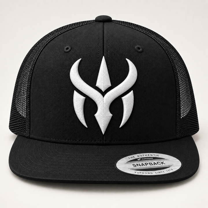 🖤⚡ Midnight Horn – Crimson Horn Crest · White 3D puff · Black Flat Trucker YP Classics | Hand Finished in Dubai | EmbroMania
