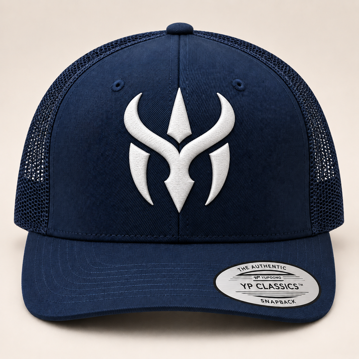 ⚡🌊 Navy Crest – Crimson Horn Crest · White 3D puff · Dark Navy Curved Trucker | Hand Finished in Dubai | EmbroMania