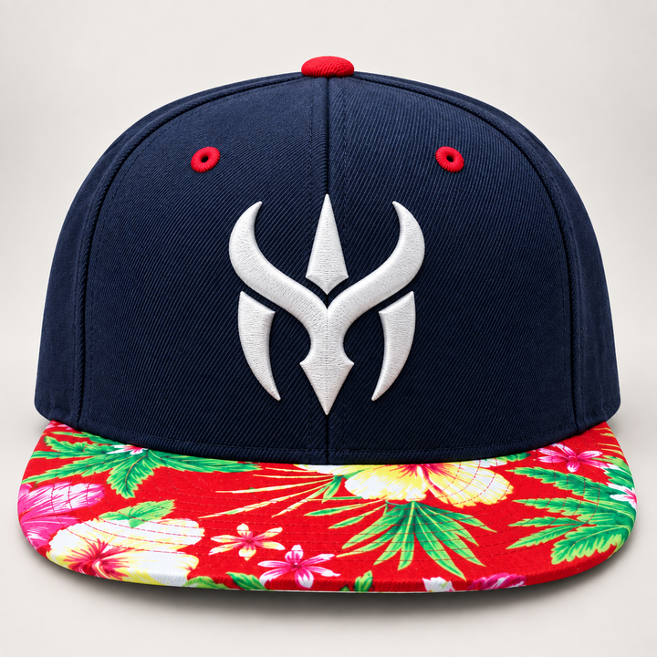 🌺⚡ Tropic Horn – Crimson Horn Crest · White 3D puff · Navy Crown &amp; Tropical Floral Brim | Hand Finished in Dubai | EmbroMania