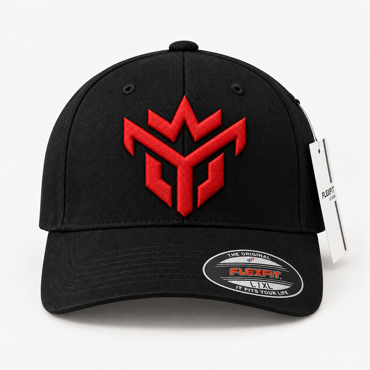 🔴⚔️ Blood Vanguard – Crown Vanguard · Red 3D puff · Black Solid Flexfit | Hand Finished in Dubai | EmbroMania