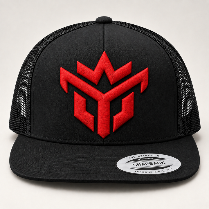 🔴🖤 Crimson Crown – Crown Vanguard · Red 3D puff · Black Flat Trucker YP Classics | Hand Finished in Dubai | EmbroMania