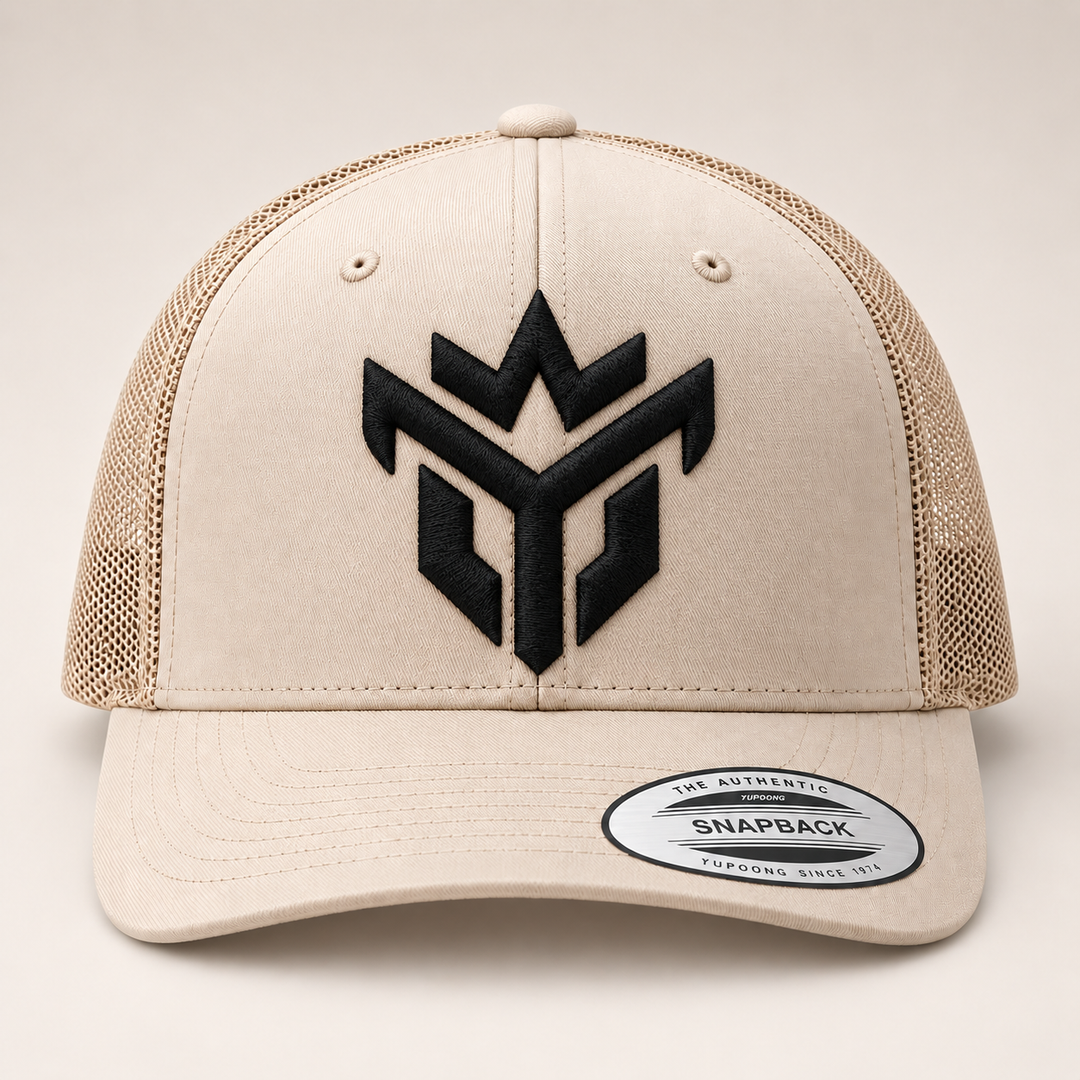🏜️⚔️ Desert Vanguard – Crown Vanguard · Black 3D puff · Sand Beige Retro Trucker | Hand Finished in Dubai | EmbroMania