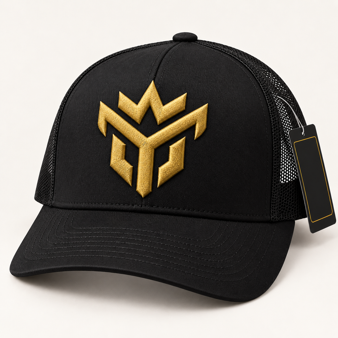 ✨🖤 Gilded Crown – Crown Vanguard · Gold 3D puff · Black Curved Trucker | Hand Finished in Dubai | EmbroMania