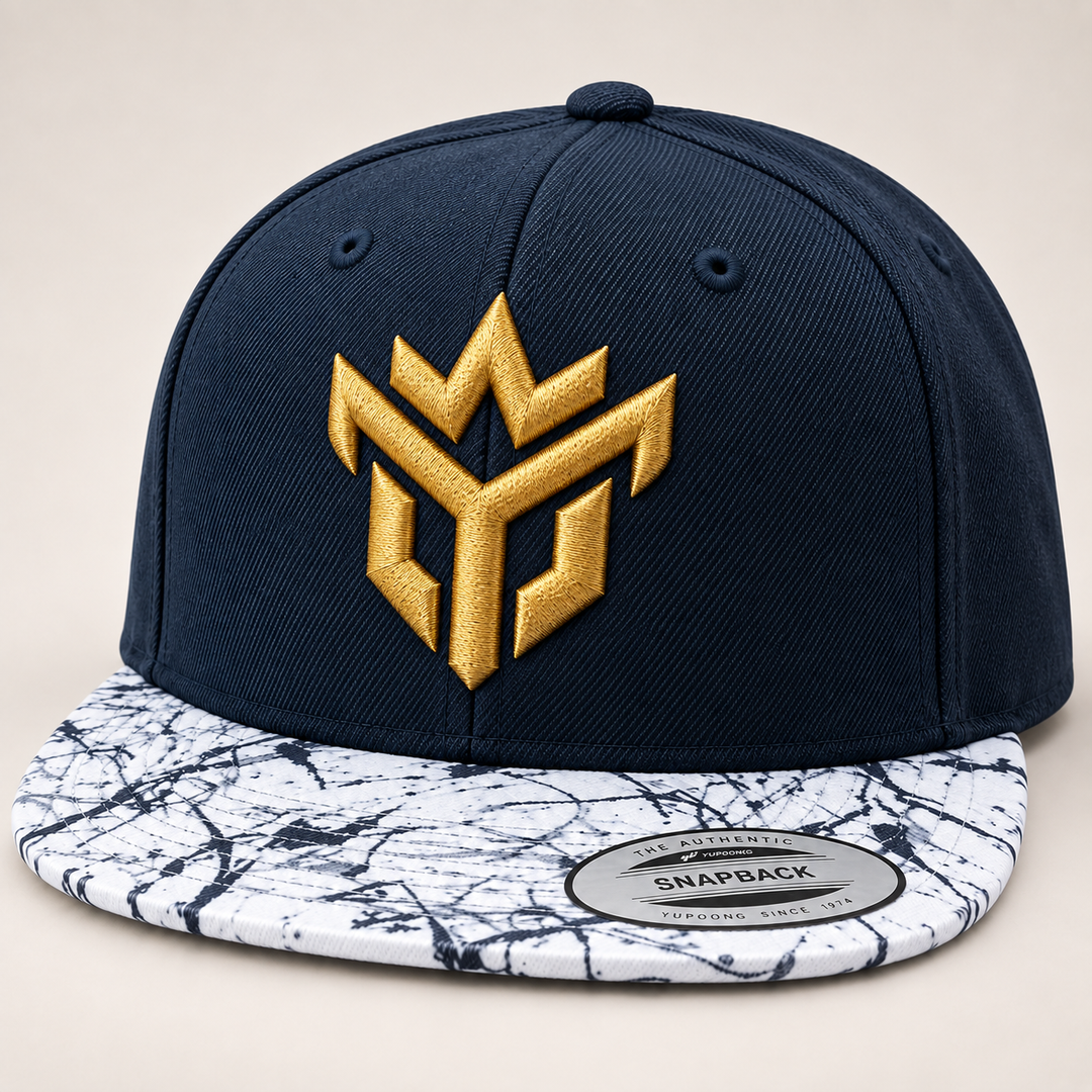 🌊✨ Marble Crown – Crown Vanguard · Gold 3D puff · Navy Crown &amp; Marble Brim Snapback | Hand Finished in Dubai | EmbroMania