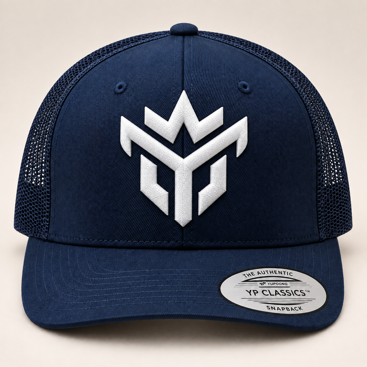 🌊⚔️ Phantom Vanguard – Crown Vanguard · White 3D puff · Dark Navy Curved Trucker | Hand Finished in Dubai | EmbroMania