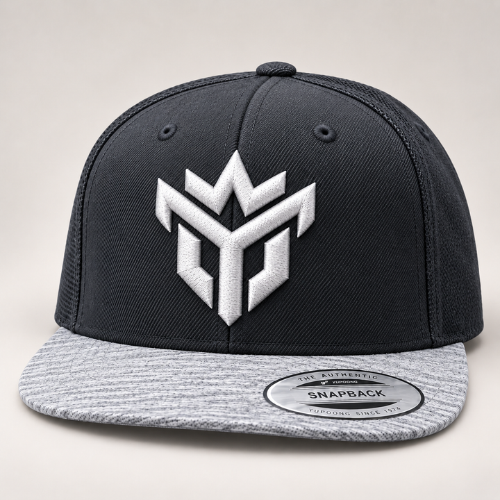 🌫️☁️ Slate Crown – Crown Vanguard · White 3D puff · Charcoal &amp; Heather Grey Snapback | Hand Finished in Dubai | EmbroMania