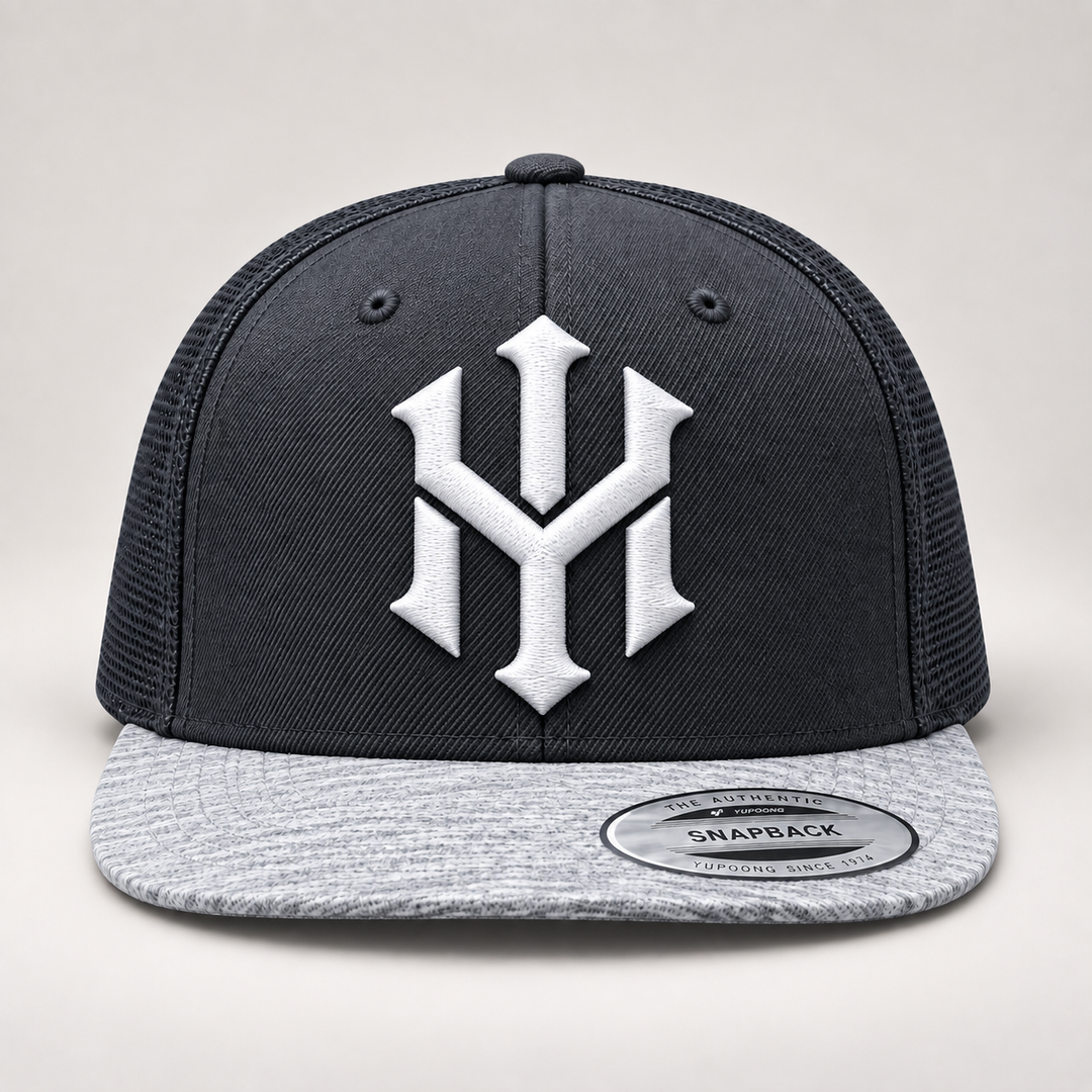 ⚡🌫️ Ash Reign – Crownlock YM Monogram · White 3D puff · Charcoal &amp; Heather Grey Snapback | Hand Finished in Dubai | EmbroMania