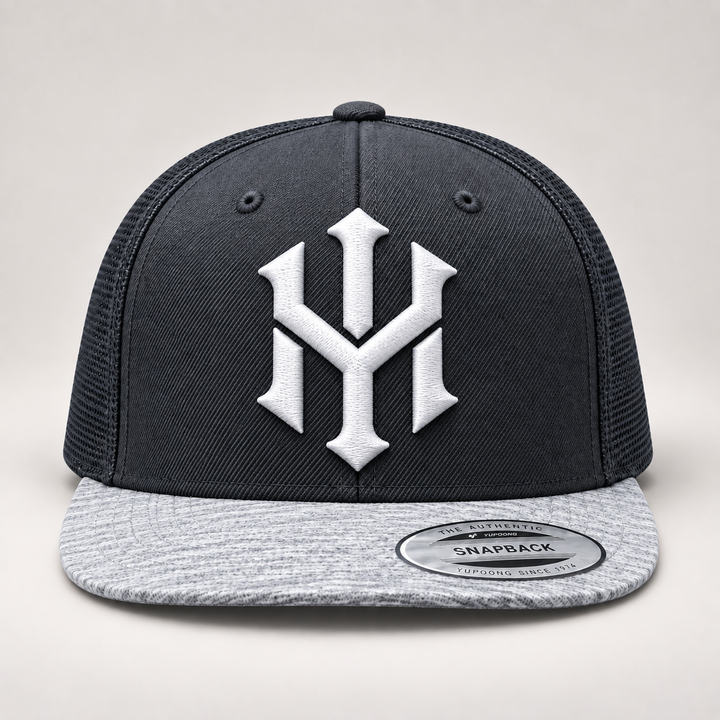 ⚡🌫️ Ash Reign – Crownlock YM Monogram · White 3D puff · Charcoal &amp; Heather Grey Snapback | Hand Finished in Dubai | EmbroMania