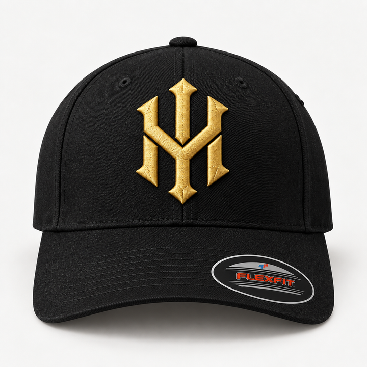 ✨🖤 Blackout Gold – Crownlock YM Monogram · Gold 3D puff · Black Solid Flexfit | Hand Finished in Dubai | EmbroMania