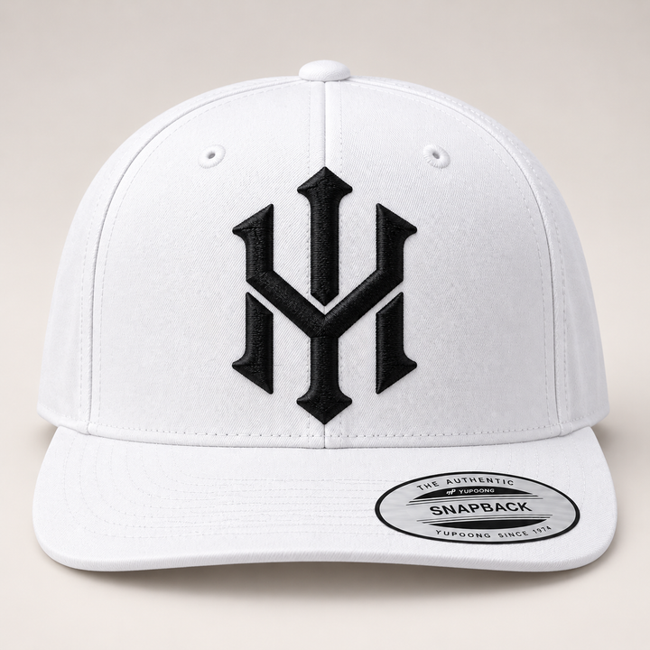 🤍⚡ Blanc Strike – Crownlock YM Monogram · Black 3D puff · All White Structured Snapback | Hand Finished in Dubai | EmbroMania