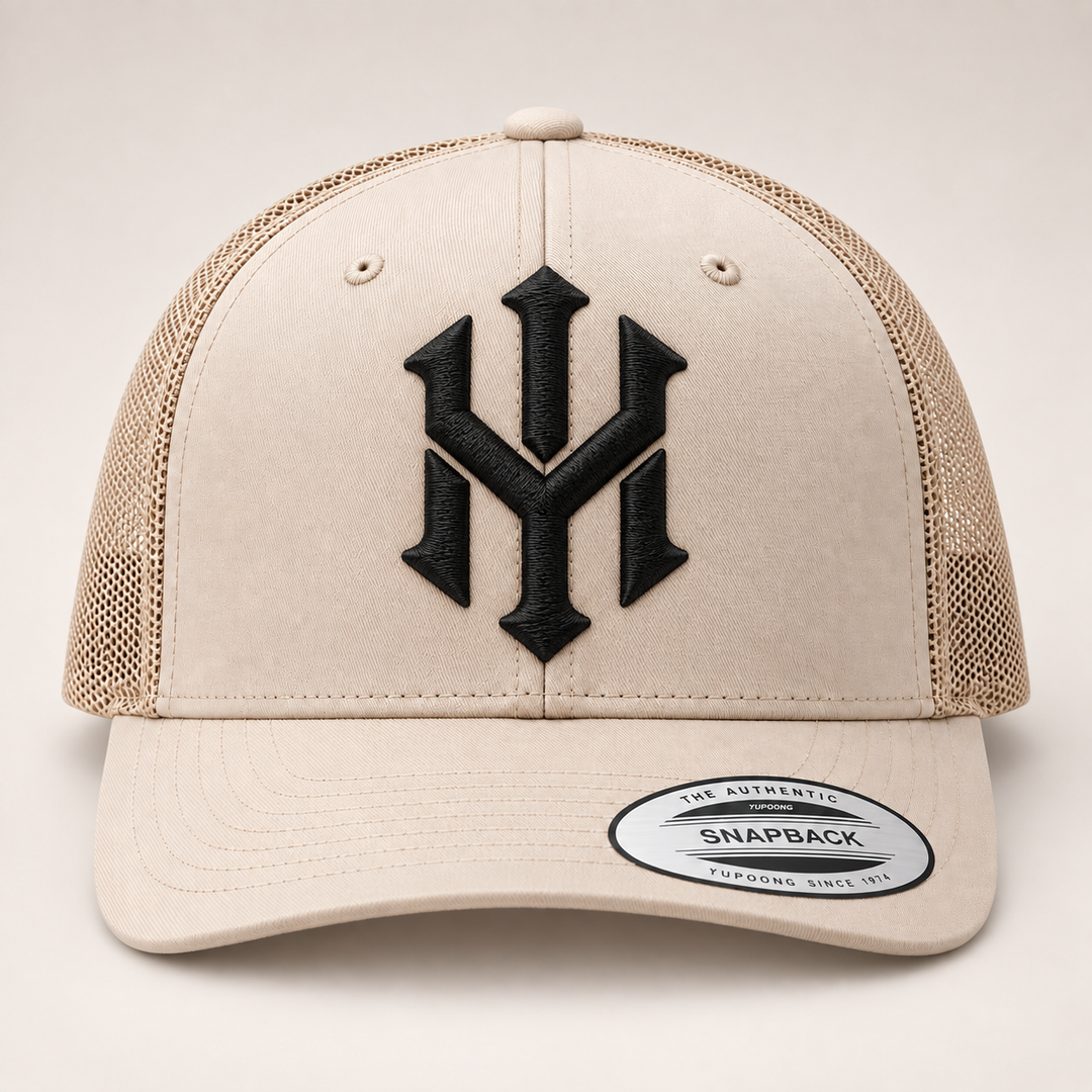 🏜️🖤 Desert Noir – Crownlock YM Monogram · Black 3D puff · Sand Beige Retro Trucker YP Classics | Hand Finished in Dubai | EmbroMania