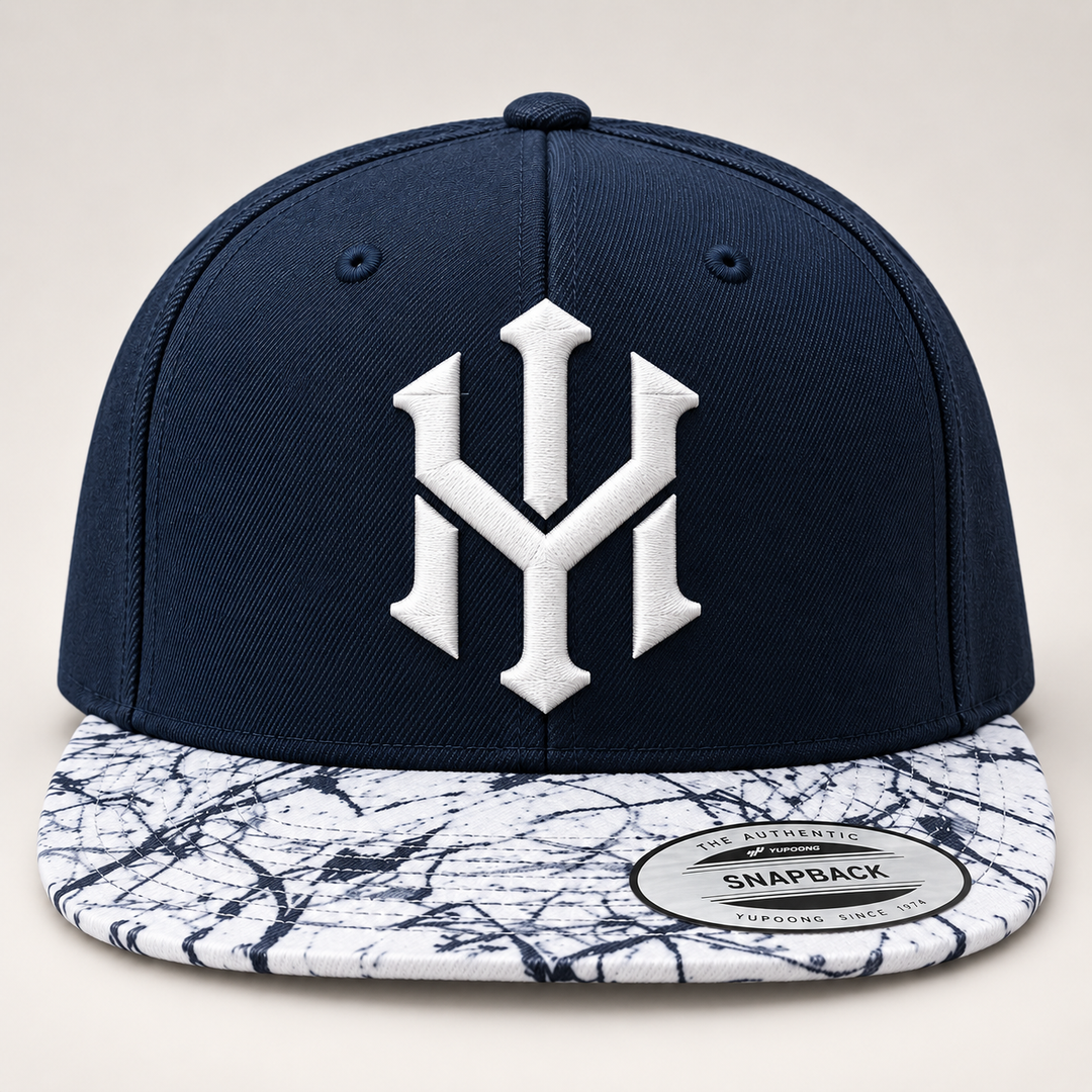 🌊🤍 Midnight Marble – Crownlock YM Monogram · White 3D puff · Navy Crown & Marble Brim Snapback | Hand Finished in Dubai | EmbroMania