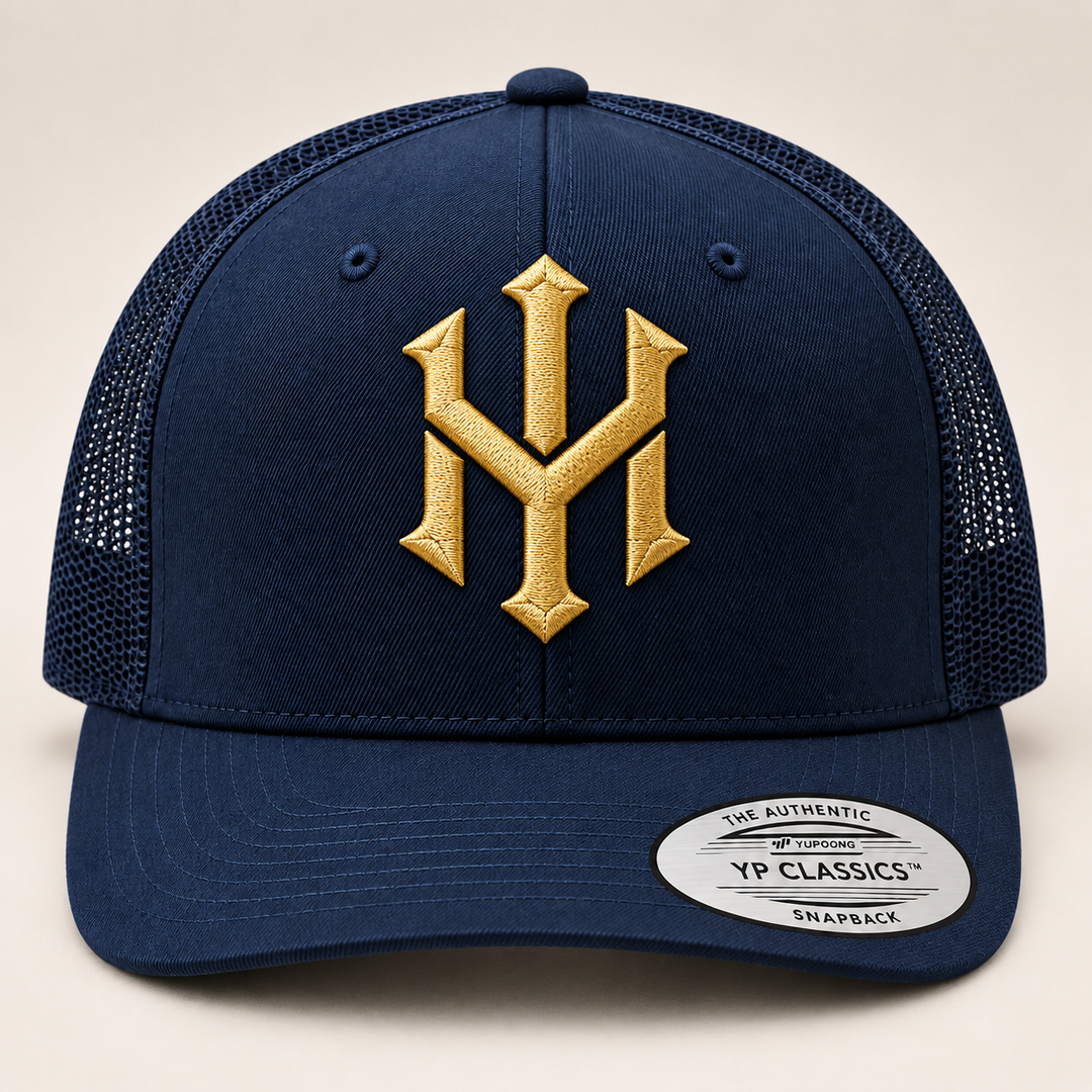 🌊👑 Navy Prestige – Crownlock YM Monogram · Gold 3D puff · Dark Navy Curved Trucker YP Classics | Hand Finished in Dubai | EmbroMania