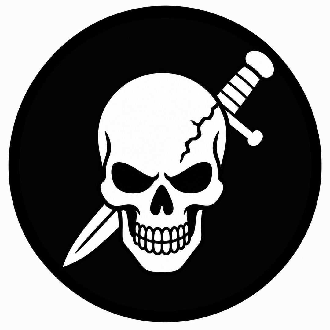 Dagger's Watch embroidery patch featuring a skull with a dagger crossing behind it in flat black and silver | Hand Finished in Dubai | EmbroMania