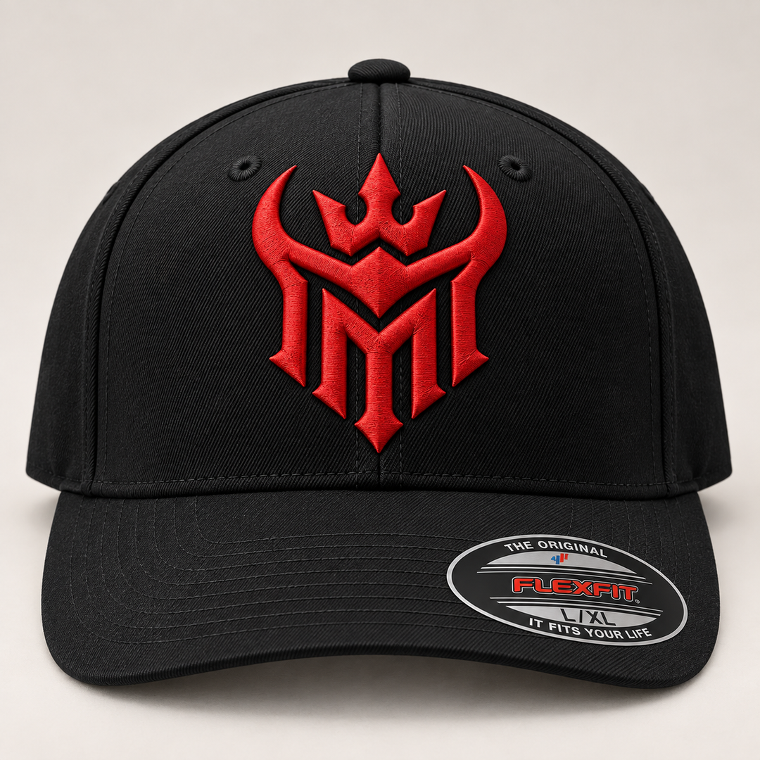 🔴🖤 Crimson Reign – Diablo Crown · Red 3D puff · Black Solid Flexfit | Hand Finished in Dubai | EmbroMania