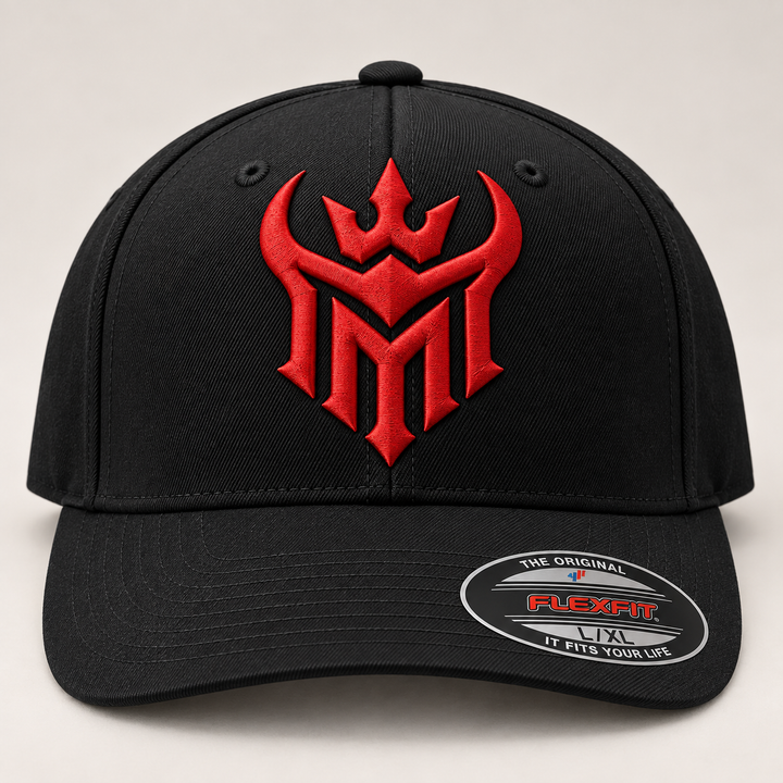 🔴🖤 Crimson Reign – Diablo Crown · Red 3D puff · Black Solid Flexfit | Hand Finished in Dubai | EmbroMania