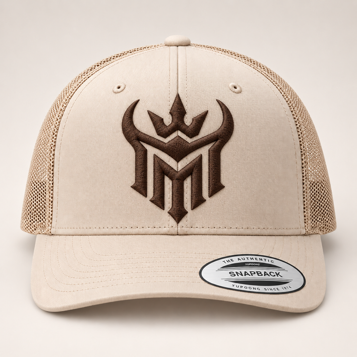 🟤🏜️ Desert Reign – Diablo Crown · Brown 3D puff · Sand Beige Retro Trucker | Hand Finished in Dubai | EmbroMania