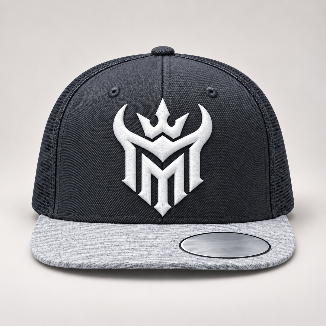 ❄️⚡ Frost Reign – Diablo Crown · White 3D puff · Charcoal Heather Grey Snapback | Hand Finished in Dubai | EmbroMania