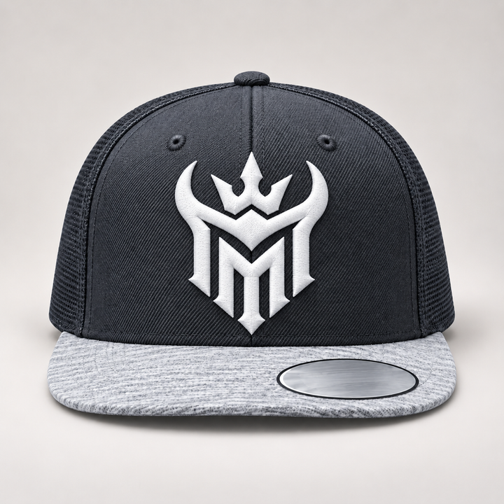 ❄️⚡ Frost Reign – Diablo Crown · White 3D puff · Charcoal Heather Grey Snapback | Hand Finished in Dubai | EmbroMania