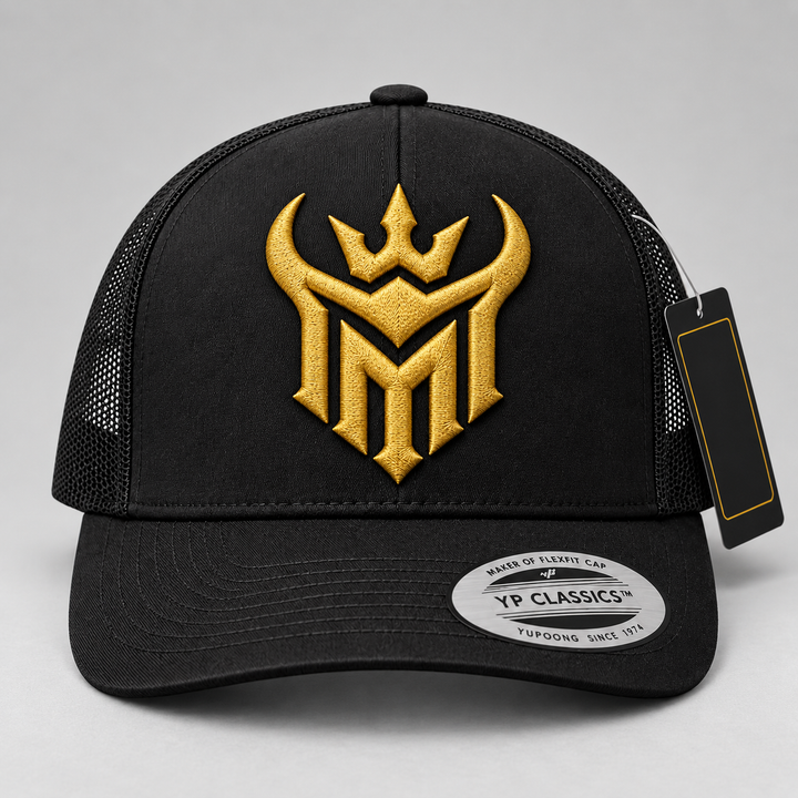 🥇👑 Golden Reign – Diablo Crown · Gold 3D puff · Black Curved Trucker | Hand Finished in Dubai | EmbroMania