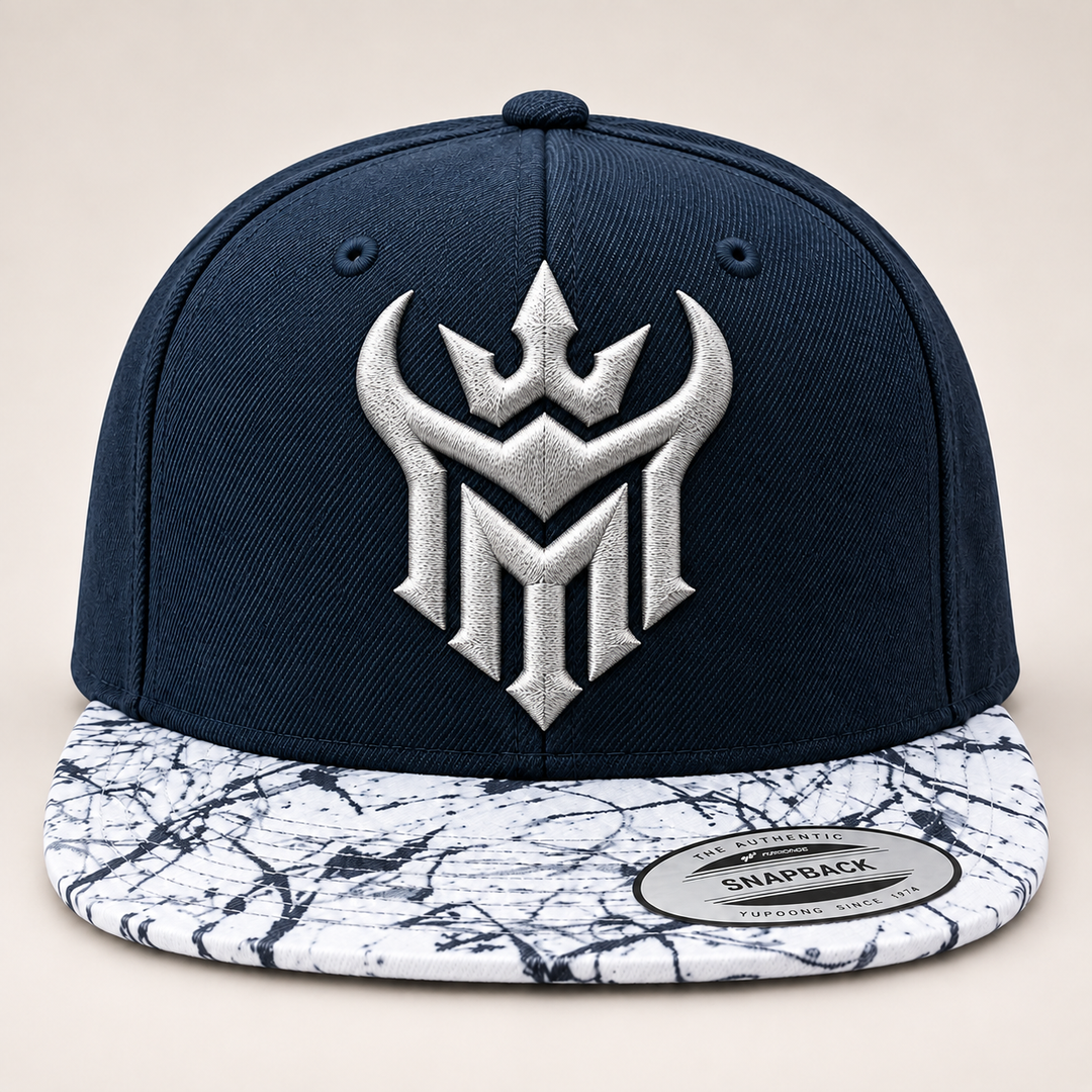 ⚔️🌌 Marble Reign – Diablo Crown · Silver 3D puff · Navy Marble Brim Snapback | Hand Finished in Dubai | EmbroMania