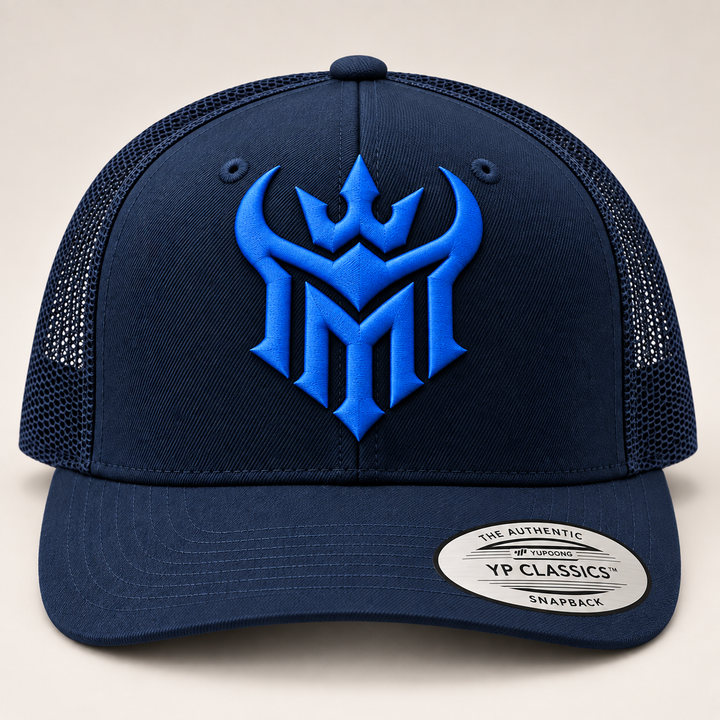 🔵⚔️ Sapphire Reign – Diablo Crown · Blue 3D puff · Dark Navy Curved Trucker | Hand Finished in Dubai | EmbroMania