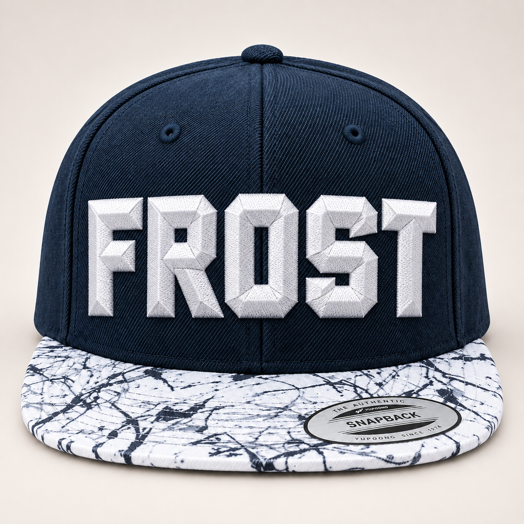 🏔️ Arctic Marble – DiamondCut 3D Puff · White thread · Navy Marble Brim Snapback | Hand Finished in Dubai | EmbroMania
