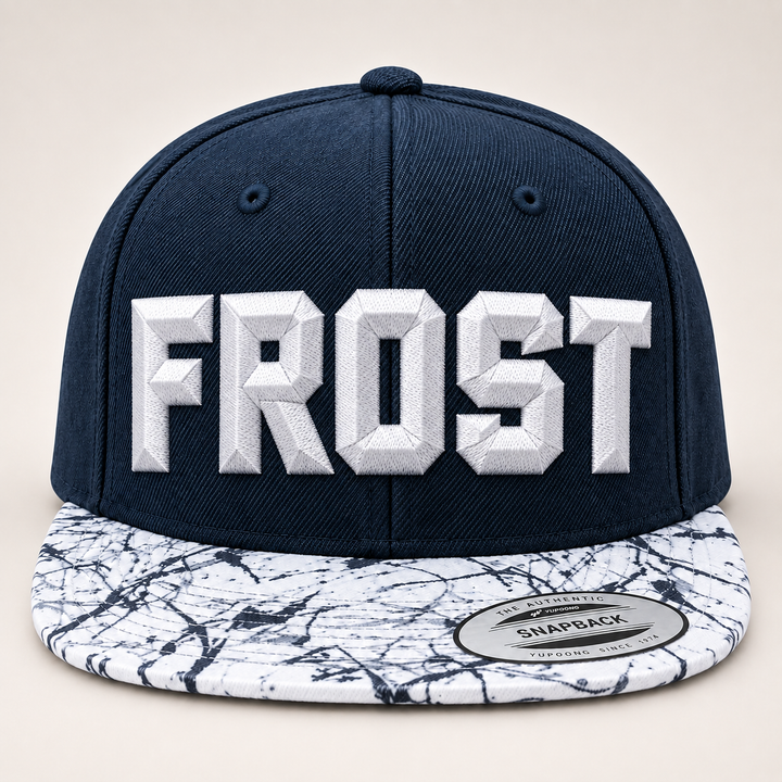 🏔️ Arctic Marble – DiamondCut 3D Puff · White thread · Navy Marble Brim Snapback | Hand Finished in Dubai | EmbroMania