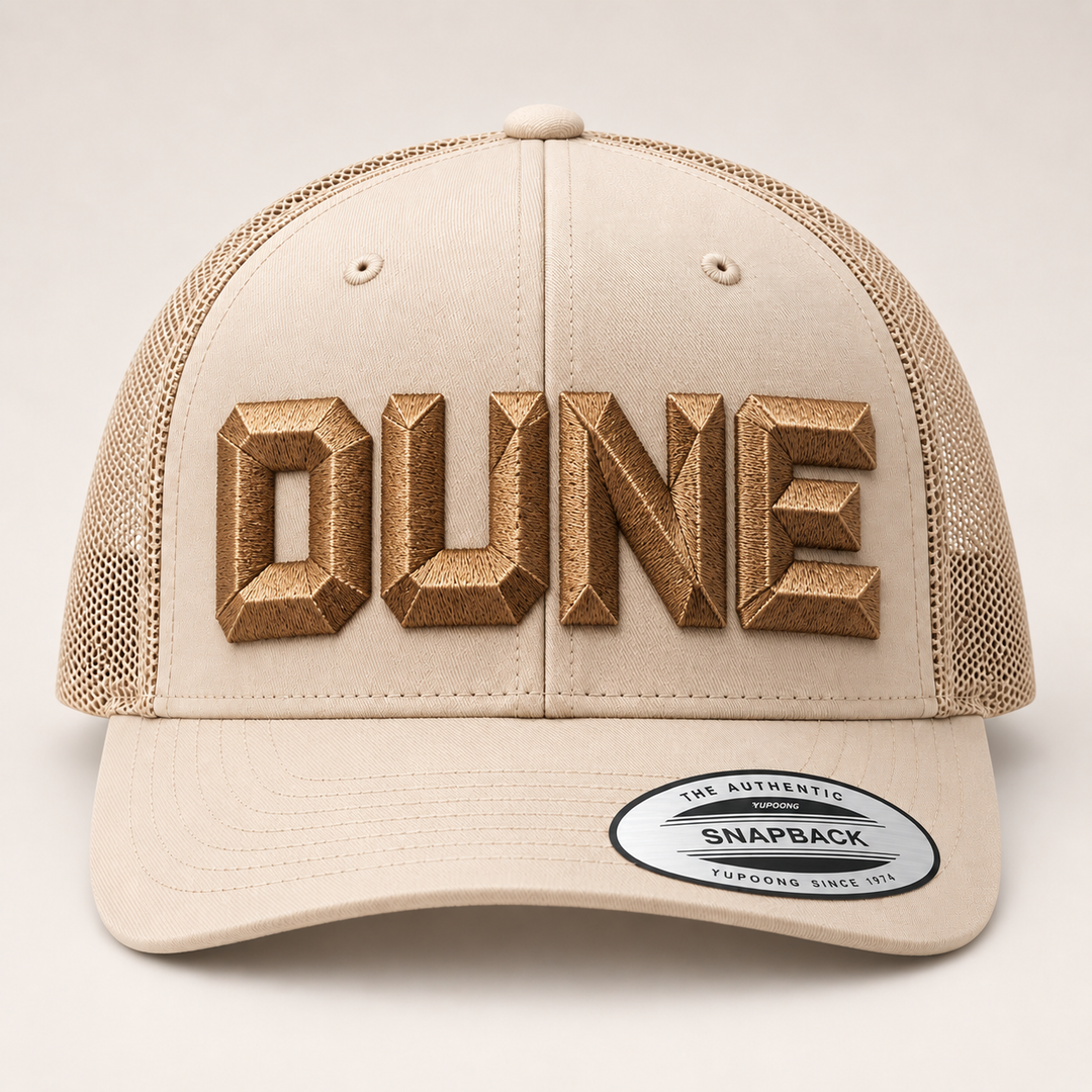 🏜️ Bronze Dune – DiamondCut 3D Puff · Bronze thread · Sand Beige Trucker | Hand Finished in Dubai | EmbroMania