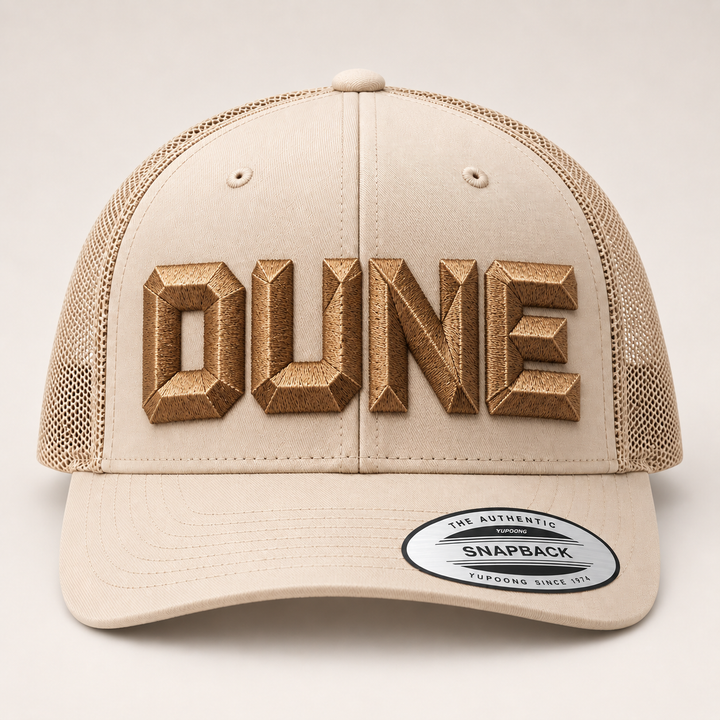 🏜️ Bronze Dune – DiamondCut 3D Puff · Bronze thread · Sand Beige Trucker | Hand Finished in Dubai | EmbroMania