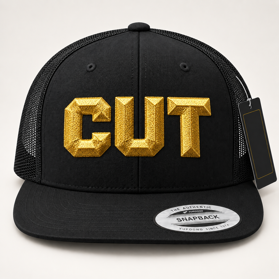 💎 Gold Strike – DiamondCut 3D Puff · Gold thread · Black Flat Trucker | Hand Finished in Dubai | EmbroMania