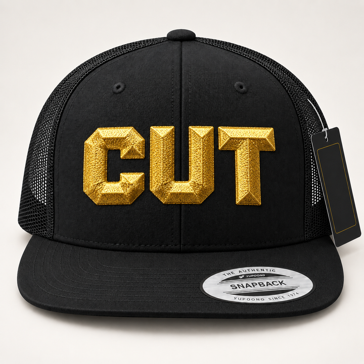 💎 Gold Strike – DiamondCut 3D Puff · Gold thread · Black Flat Trucker | Hand Finished in Dubai | EmbroMania