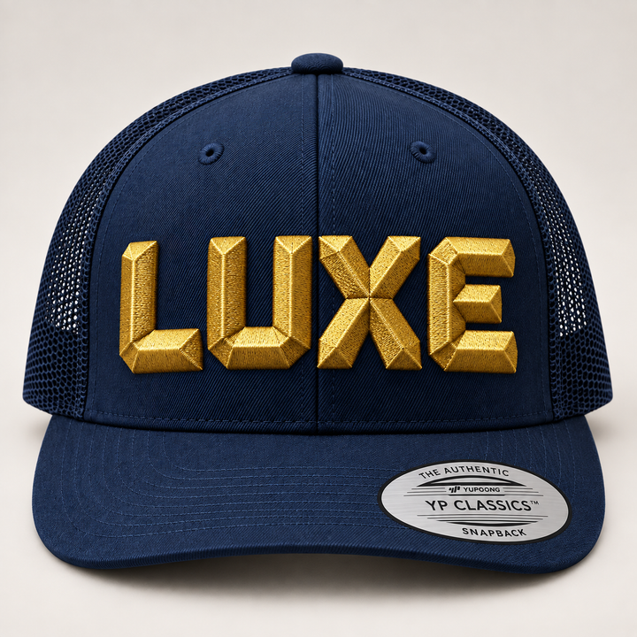 🌌 Midnight Luxe – DiamondCut 3D Puff · Gold thread · Dark Navy Trucker | Hand Finished in Dubai | EmbroMania