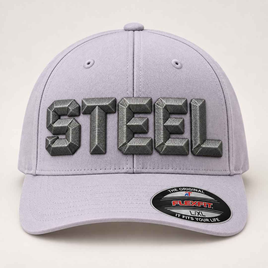 🪨 Pewter – DiamondCut 3D Puff · Gunmetal thread · Light Grey Flexfit | Hand Finished in Dubai | EmbroMania