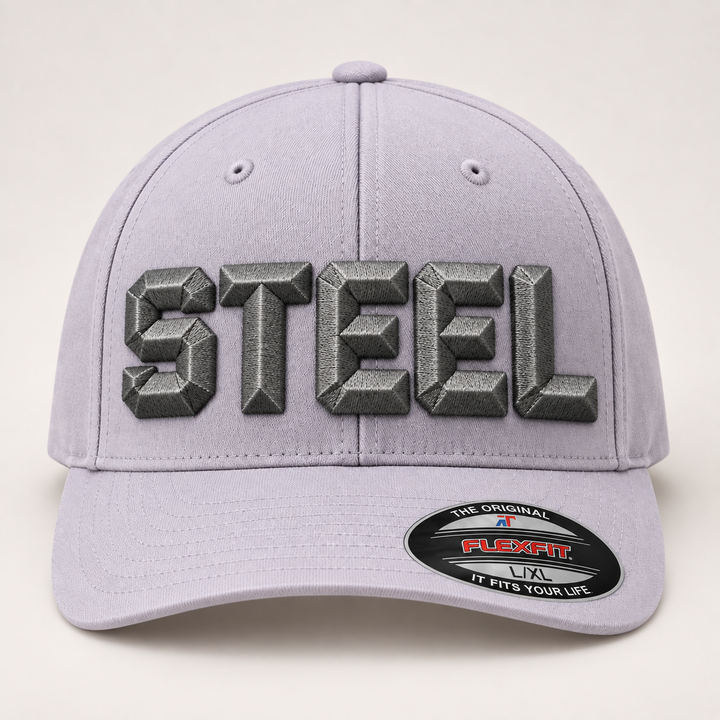 🪨 Pewter – DiamondCut 3D Puff · Gunmetal thread · Light Grey Flexfit | Hand Finished in Dubai | EmbroMania