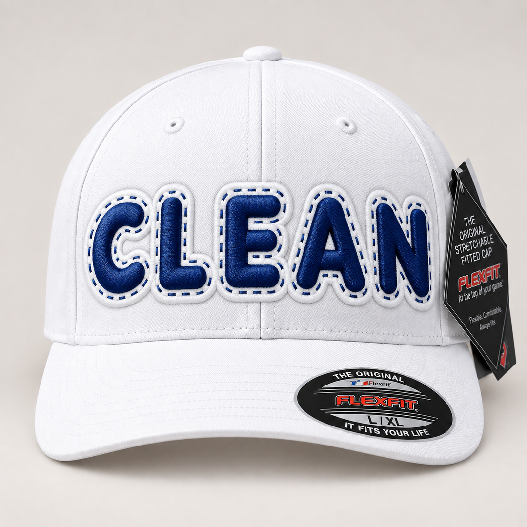 ✨ Clean Contrast – DoubleLayer Pop · Navy letter · White border · White Flexfit | Hand Finished in Dubai | EmbroMania