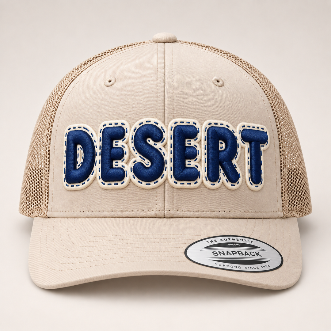🏜️ Desert Dusk – DoubleLayer Pop · Navy letter · Cream border · Sand Beige Trucker | Hand Finished in Dubai | EmbroMania