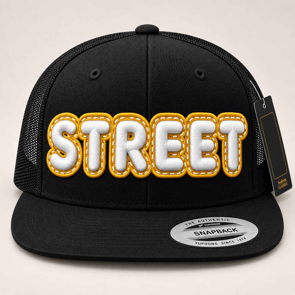 🥇 Gold Edge – DoubleLayer Pop · White letter · Gold border · Black Flat Trucker | Hand Finished in Dubai | EmbroMania