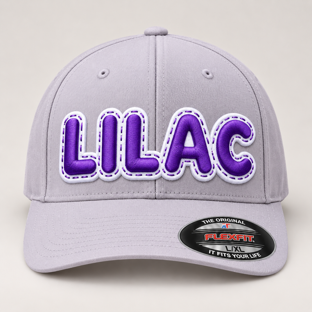 💜 Lavender Charm – DoubleLayer Pop · Purple letter · White border · Light Grey Flexfit | Hand Finished in Dubai | EmbroMania
