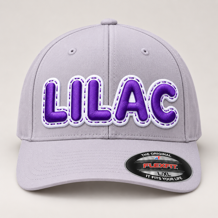 💜 Lavender Charm – DoubleLayer Pop · Purple letter · White border · Light Grey Flexfit | Hand Finished in Dubai | EmbroMania