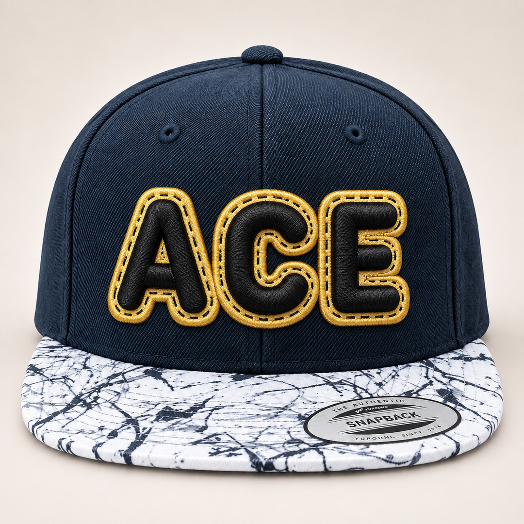 🏛️ Marble Classic – DoubleLayer Pop · Black letter · Gold border · Navy Marble Brim Snapback | Hand Finished in Dubai | EmbroMania