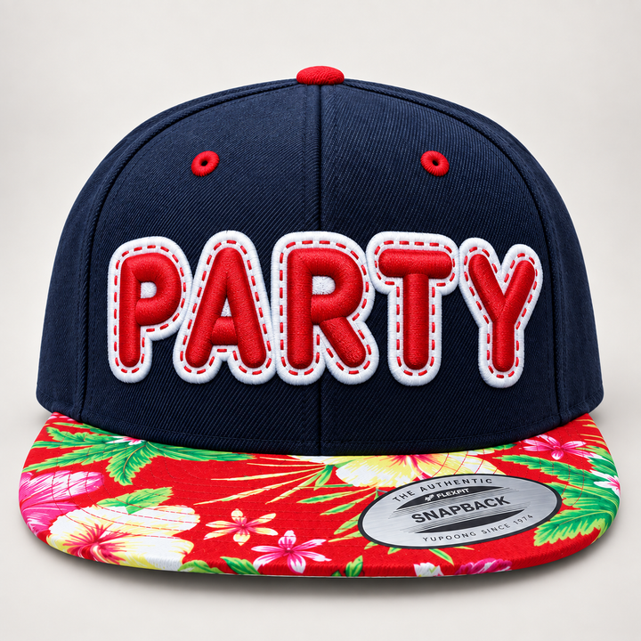 🎪 Navy Pop – DoubleLayer Pop · Red letter · White border · Navy Floral Brim Snapback | Hand Finished in Dubai | EmbroMania