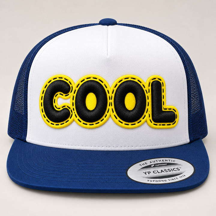 🧢 Trucker Cool – DoubleLayer Pop · Black letter · Yellow border · White &amp; Navy Foam Trucker | Hand Finished in Dubai | EmbroMania