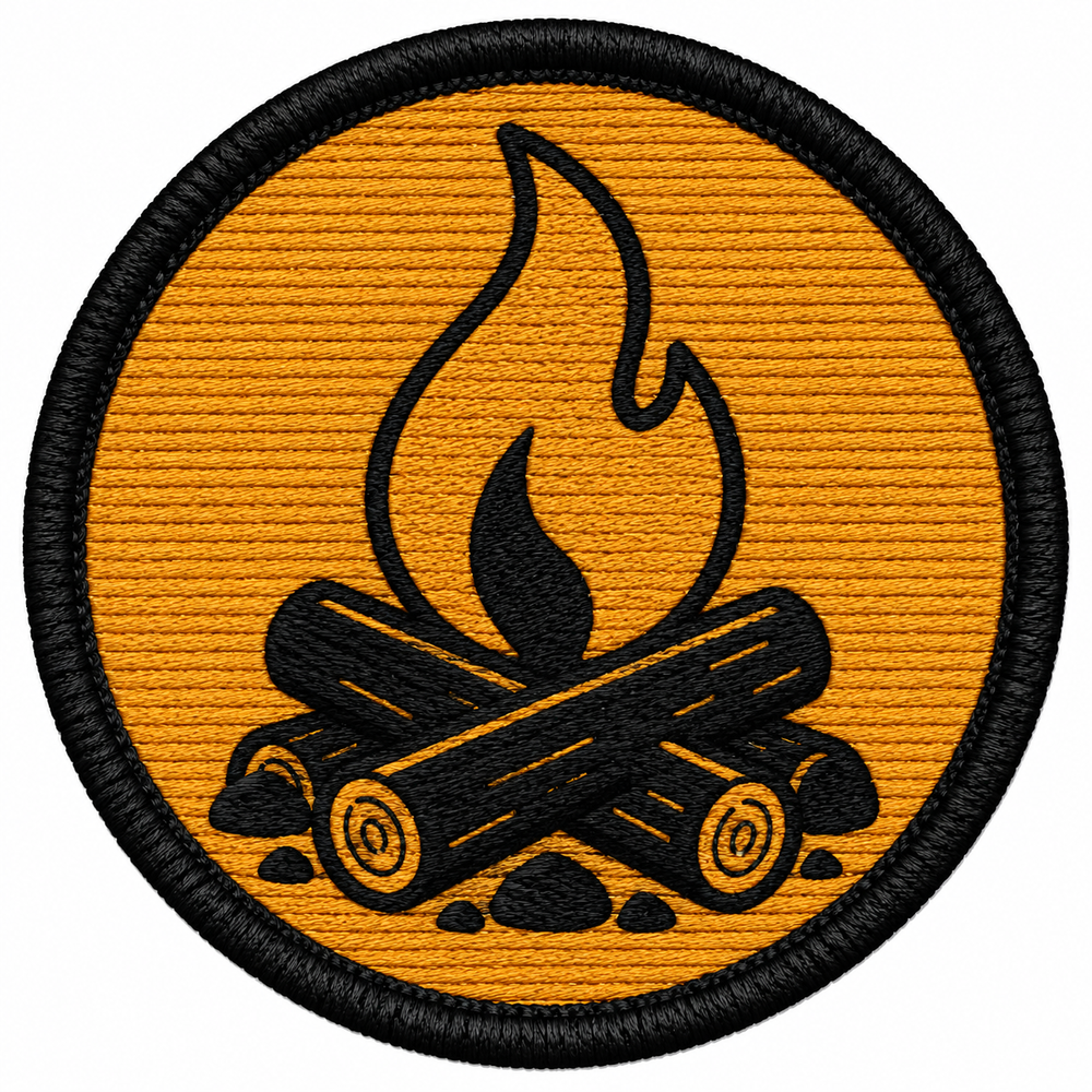 Ember Glow Camp embroidery patch featuring a campfire with a rising flame in flat black and amber | Hand Finished in Dubai | EmbroMania
