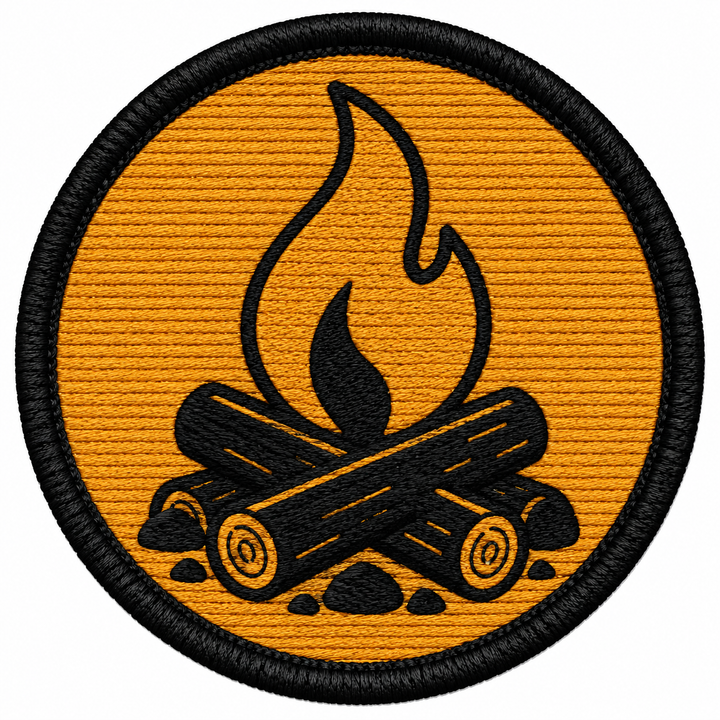 Ember Glow Camp embroidery patch featuring a campfire with a rising flame in flat black and amber | Hand Finished in Dubai | EmbroMania
