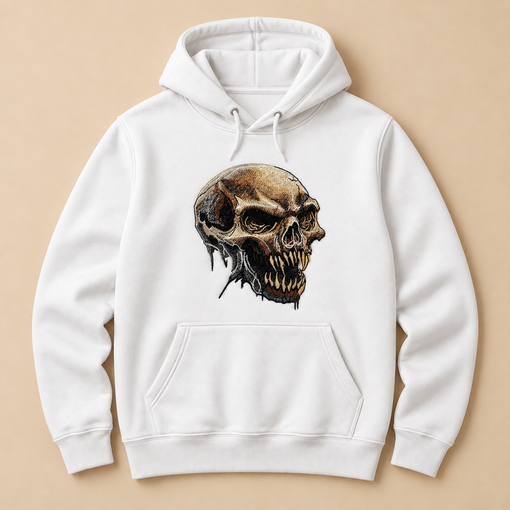 Feral Bonefang Skull Machine Embroidered Hoodie in Large Black – Bone-toned fanged skull design embroidered on black 320gsm premium fleece | Hand Finished in Dubai