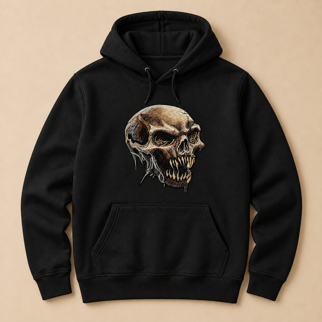 Feral Bonefang Skull Machine Embroidered Hoodie in Large White – Bone-toned fanged skull design embroidered on white 320gsm premium fleece | Hand Finished in Dubai