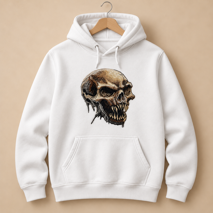 Feral Bonefang Skull Machine Embroidered Hoodie in Small Black – Bone-toned fanged skull design embroidered on black 320gsm premium fleece | Hand Finished in Dubai